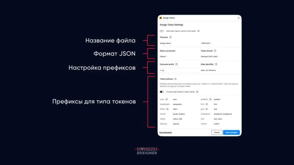 Настройки плагина Design Tokens для Figma